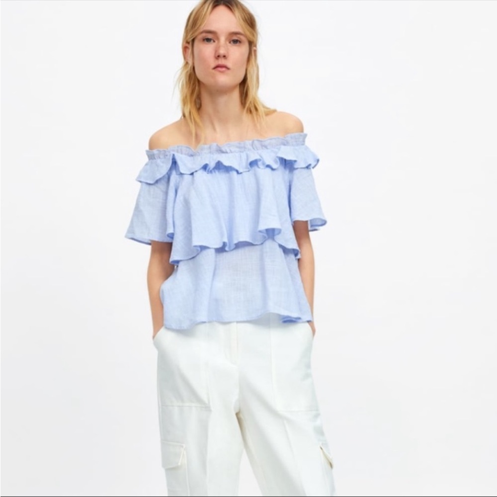 Zara Light Blue Linen Off The Shoulder Short Sleeve Blouse